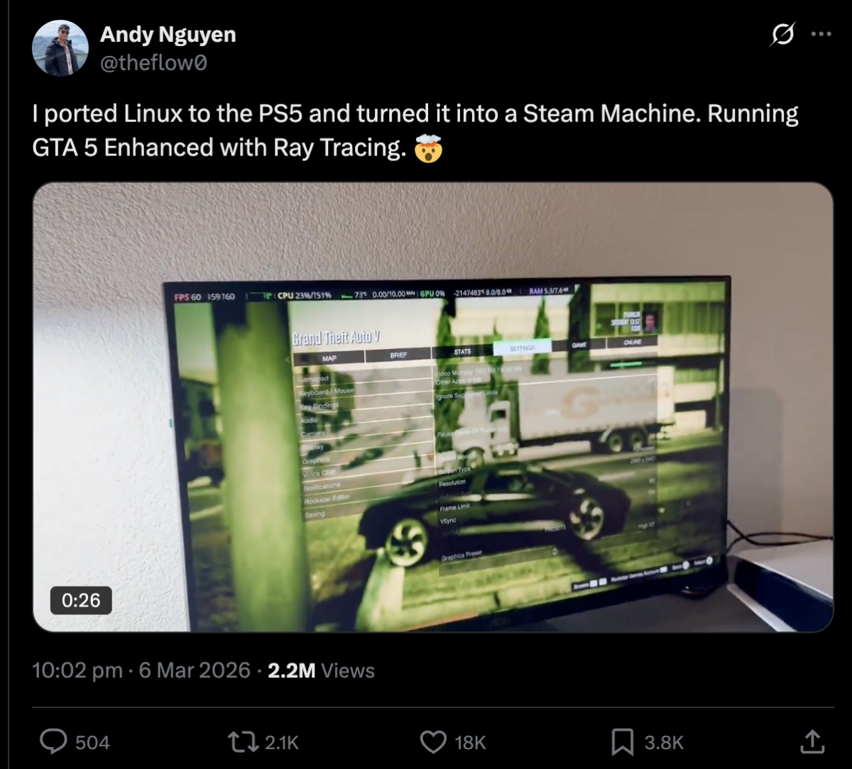 Security Researcher Publishes Method to Run Linux on PS5, Demonstrating GTA V at 60fps With Ray Tracing