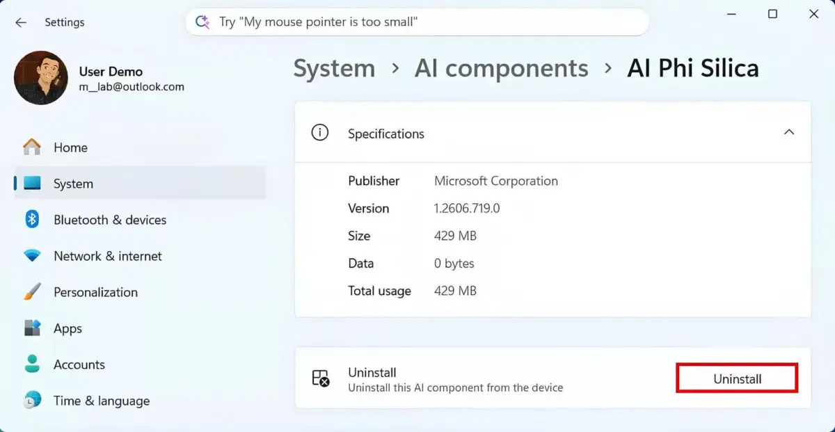 Windows 11 Insider Build Adds AI Model Management Page With Limited Uninstall Support